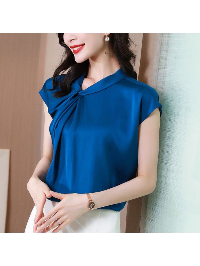 Blue heavyweight silk short sleeve shirt  new summer T-shirt slim high end silk top 