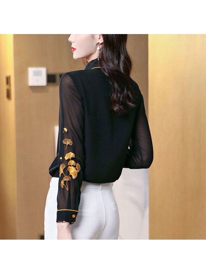Heavy industry embroidery silk shirt women  spring and summer new bright line fashion commuter shirt mulberry silk long sleeve top 