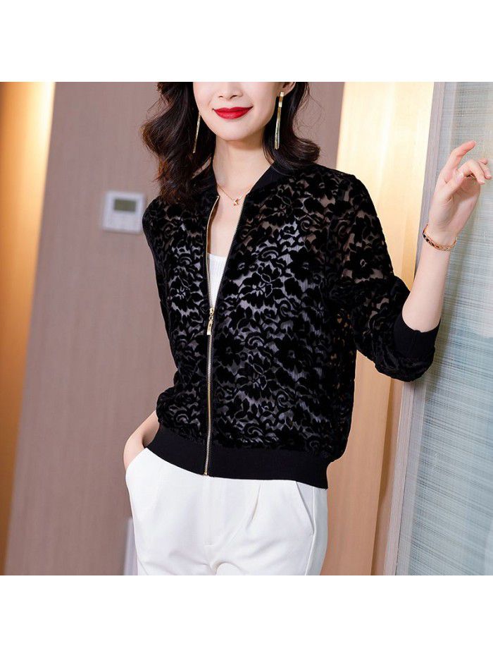 Black velvet jacket women's  spring new casual and versatile solid color top loose long sleeve Baseball Jacket 