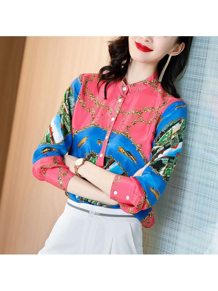 Fashion stand collar casual long sleeve wide mulberry silk top printed silk shirt women's  spring women's shirt 