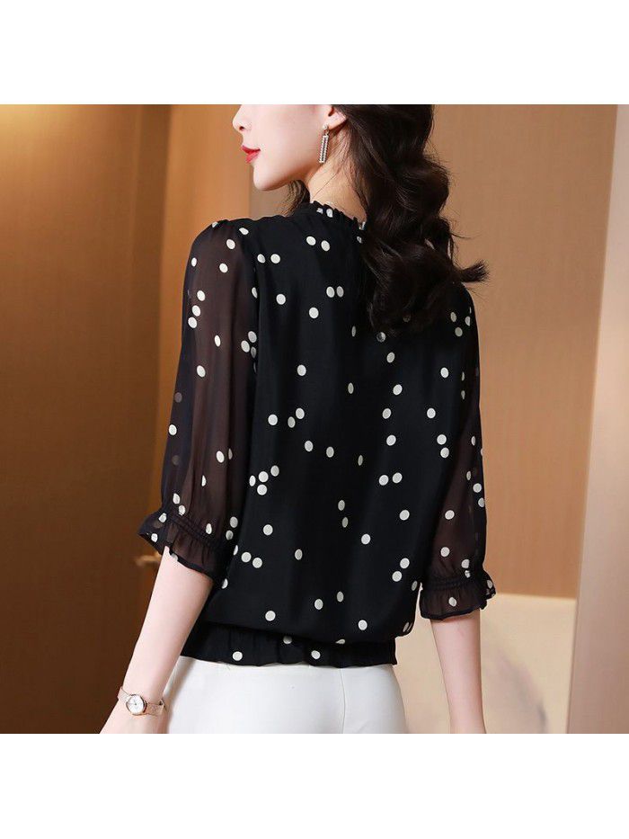 Black Polka Dot silk shirt for women  new spring and summer fashion slim mulberry silk top small shirt large women's dress 