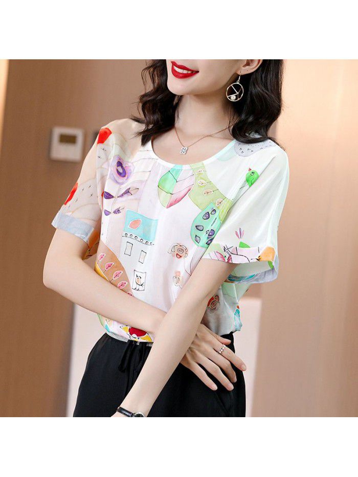 European station  summer new women's wear silk short sleeve T-shirt European silk printed thin top women's fashion 