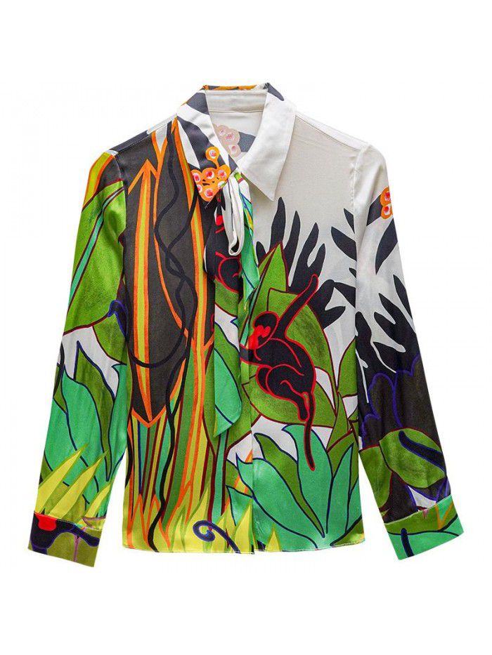 Heavyweight satin silk shirt long sleeve  spring dress new lace up temperament Lapel silk blouse 