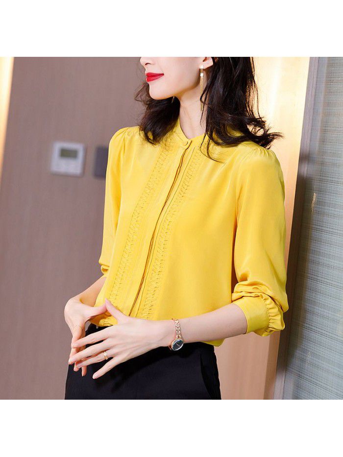 Heavyweight silk shirt women's long sleeve  spring dress new style shirt retro stand collar pure mulberry silk top female 