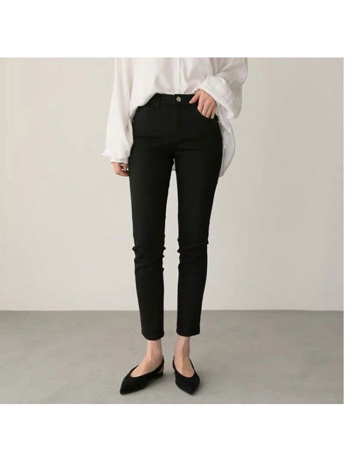 Black jeans women's straight tube  spring High Waist Stretch slim quarter loose versatile lace quarter pants 