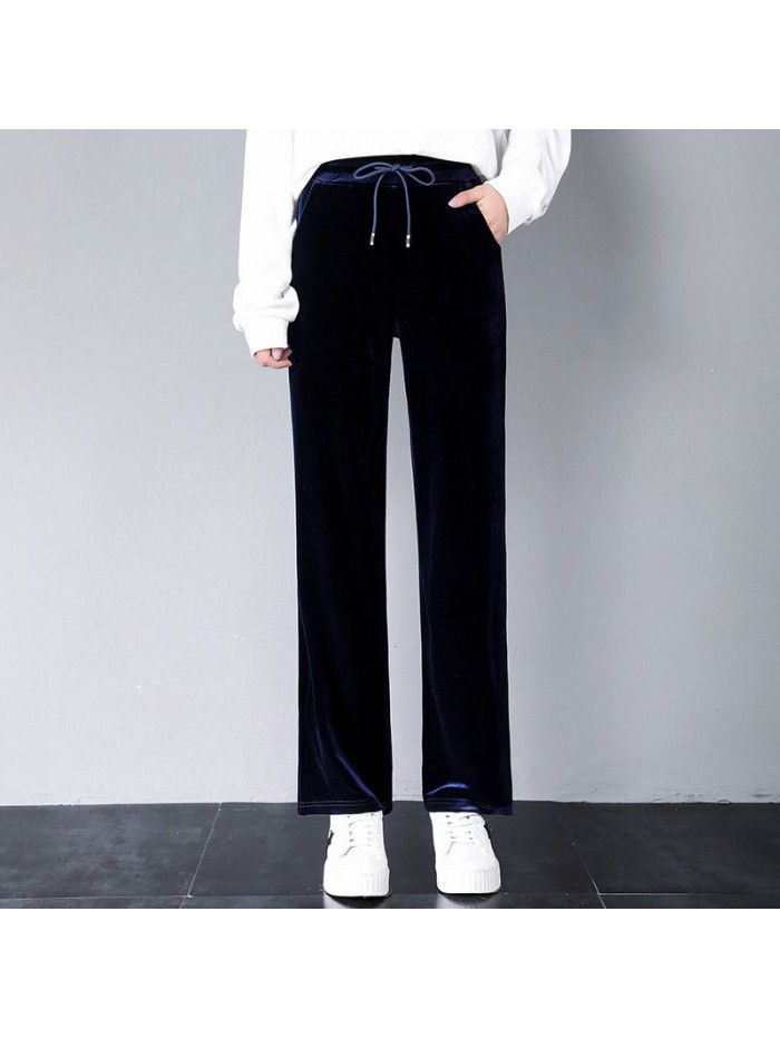 Wide leg pants women's autumn  Pants Large Size velvet straight wide leg pants women's fat mm casual pants floor dragging pants 