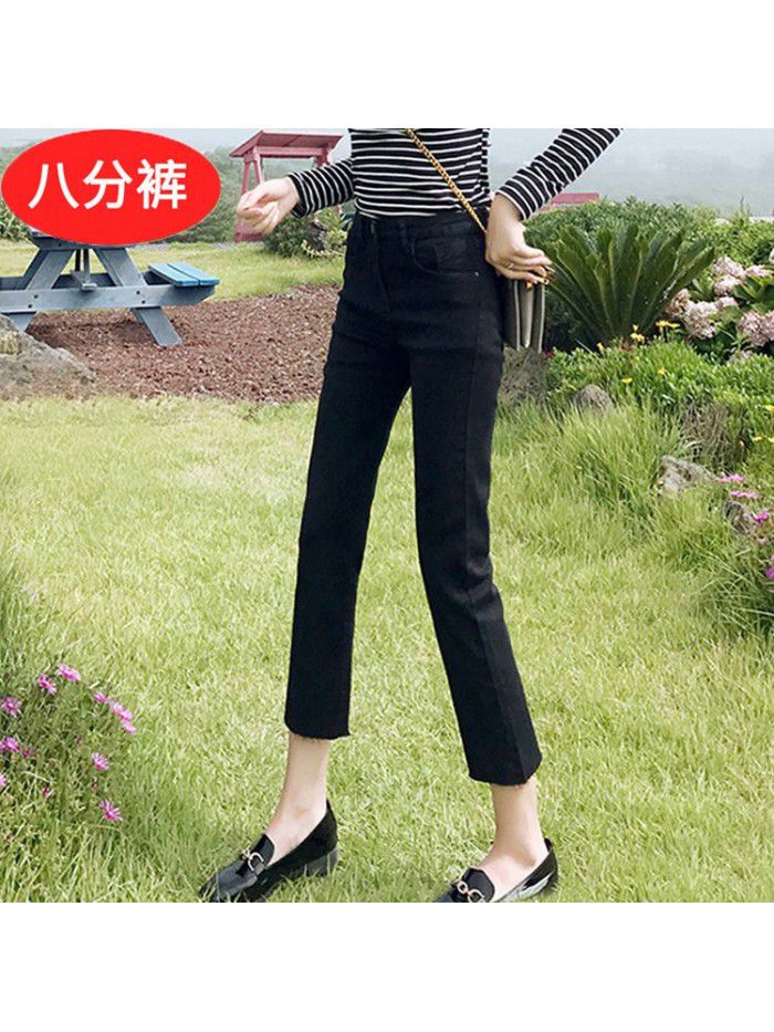 Straight jeans women's loose fit quarter short  summer slim High Waist Stretch light blue quarter pants 