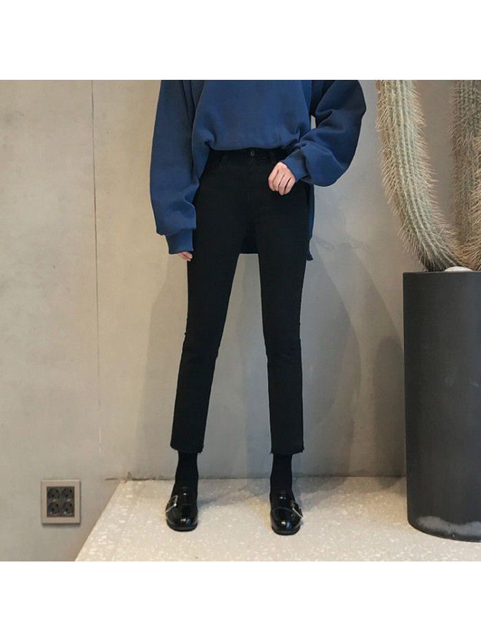 Black jeans women's straight tube  spring High Waist Stretch slim quarter loose versatile lace quarter pants 