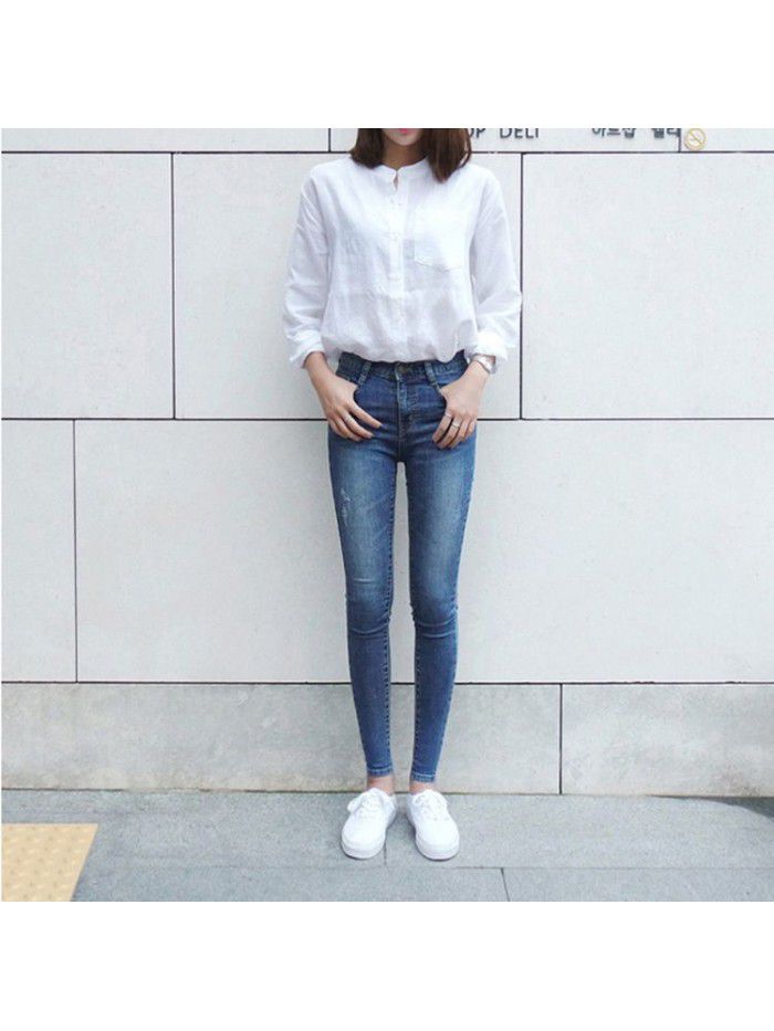 Spring  new high waist jeans women's slim versatile retro light blue Korean tight legged pants 