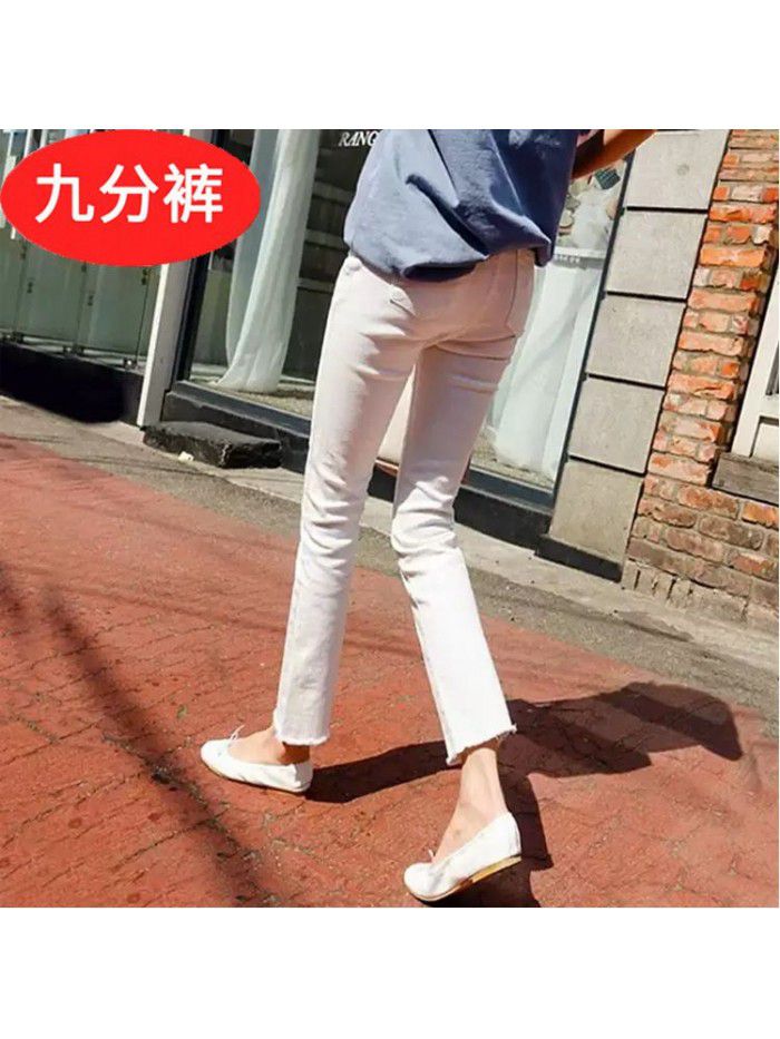 Straight jeans women's loose fit quarter short  summer slim High Waist Stretch light blue quarter pants 