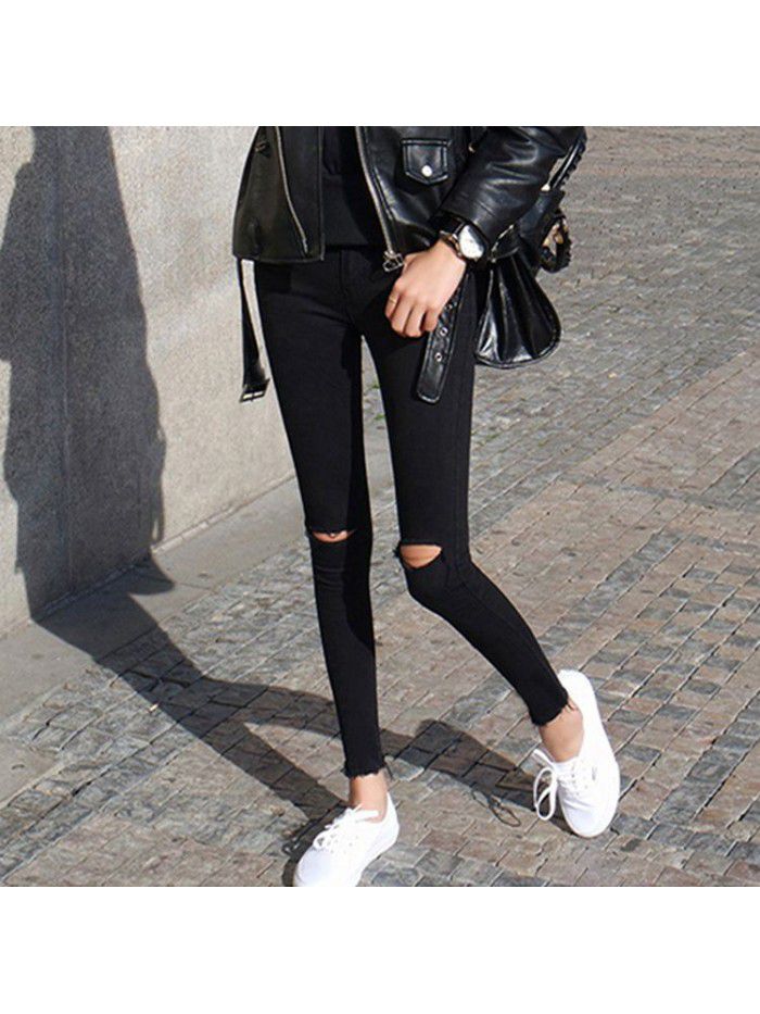 Smoke grey jeans with holes, women's small feet, 8 / 8 spring Korean high waist elastic tight black 9 / 9 pencil pants 