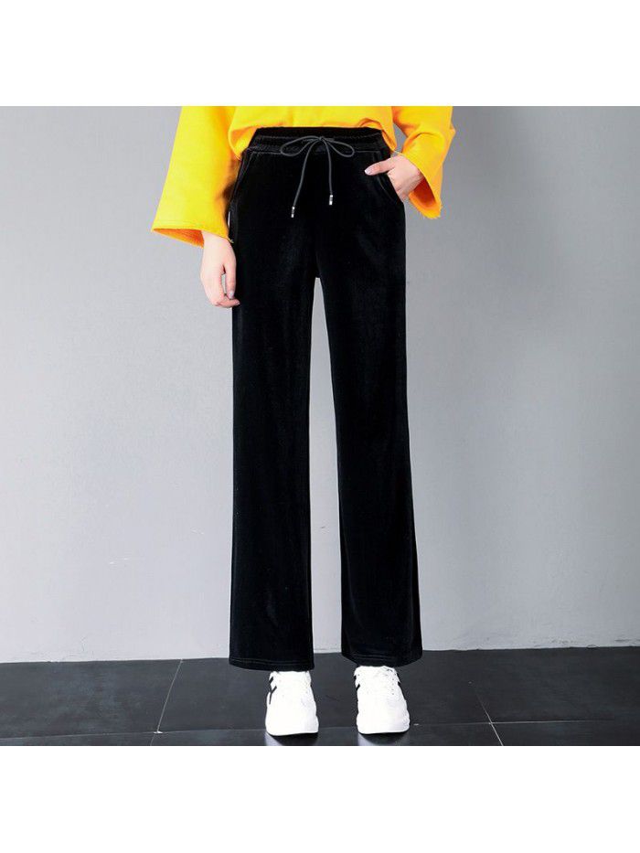 Wide leg pants women's autumn  Pants Large Size velvet straight wide leg pants women's fat mm casual pants floor dragging pants 