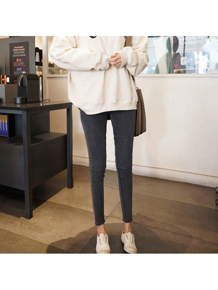 Smoke grey jeans with holes, women's small feet, 8 / 8 spring Korean high waist elastic tight black 9 / 9 pencil pants 