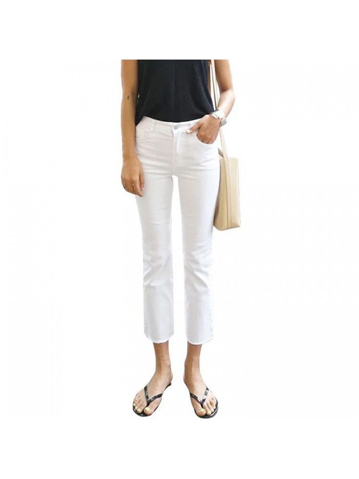 White jeans women's thin loose 9 / 4 wide leg Korean high waist elastic 8 / 4 small summer straight pants 