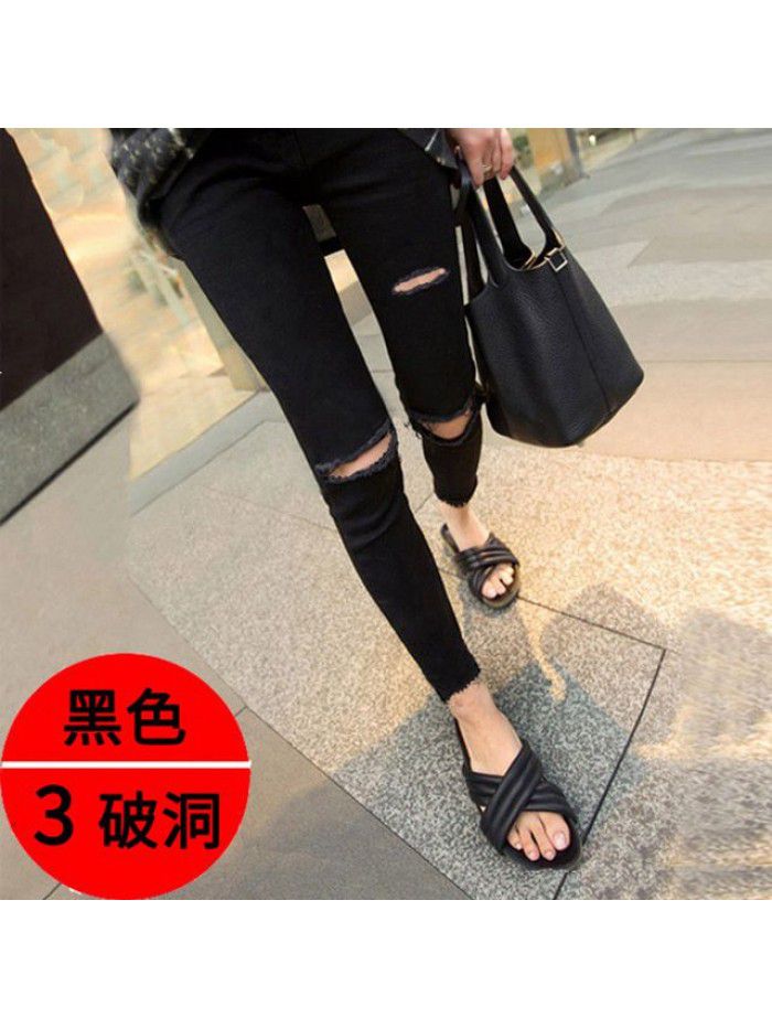 Pierced jeans women's black high waist nine point small foot pencil tight spring and summer  new eight point show thin elasticity 