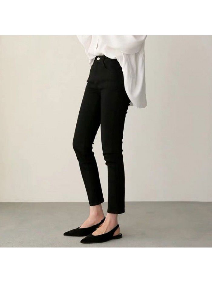 Straight jeans women's Black High Waist Stretch  summer new slim slim quarter slim pipe pants 