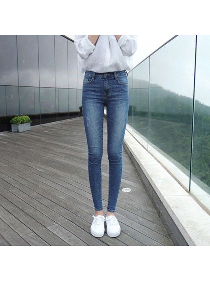 Spring  new high waist jeans women's slim versatile retro light blue Korean tight legged pants 