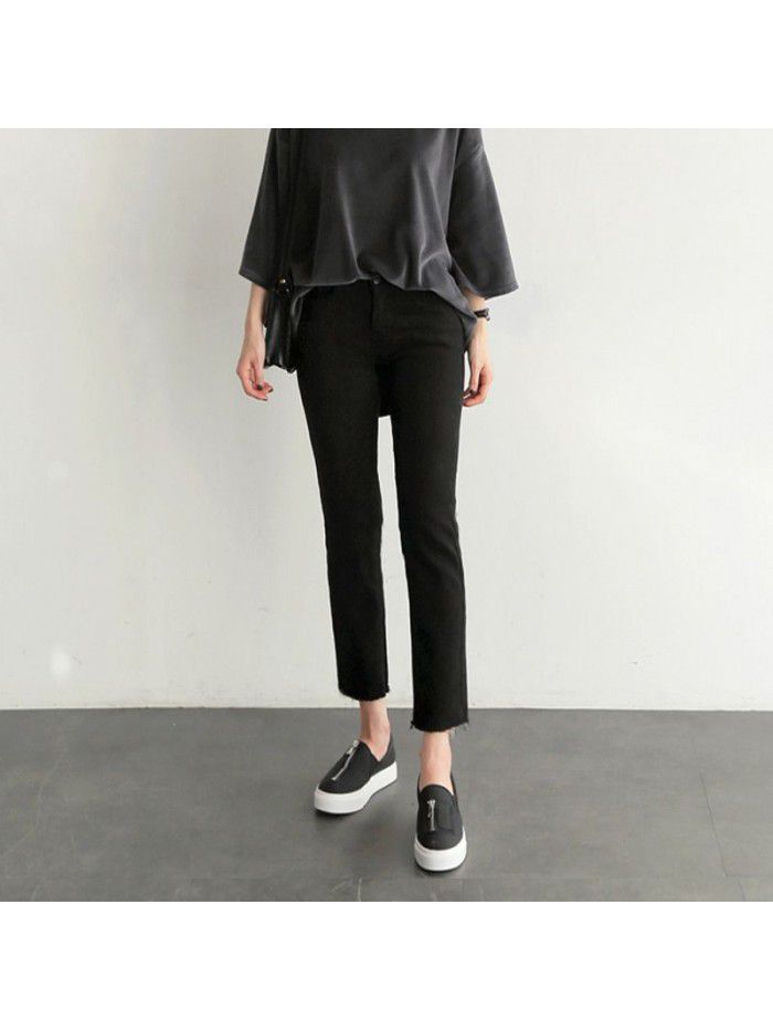 Straight jeans women's cropped black pants  spring new cropped high waist loose pants with wide legs 