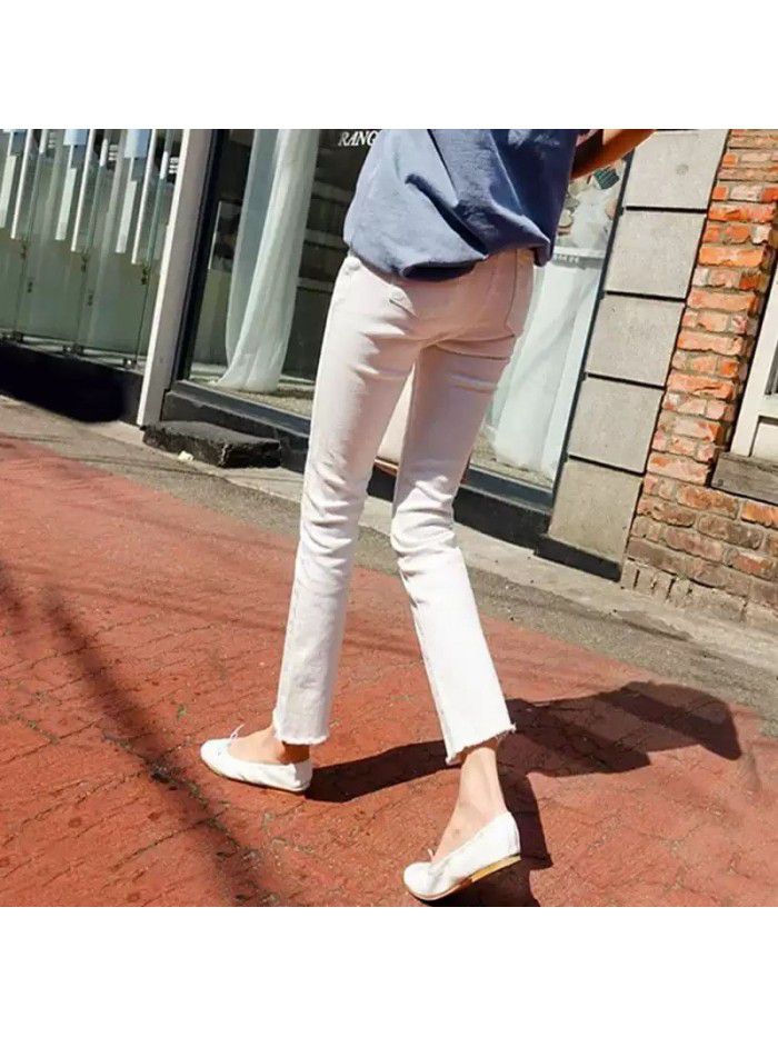 Straight jeans women's loose fit quarter short  summer slim High Waist Stretch light blue quarter pants 