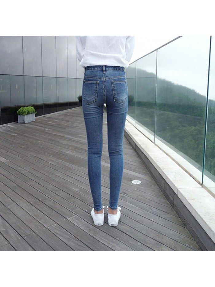 Spring  new high waist jeans women's slim versatile retro light blue Korean tight legged pants 