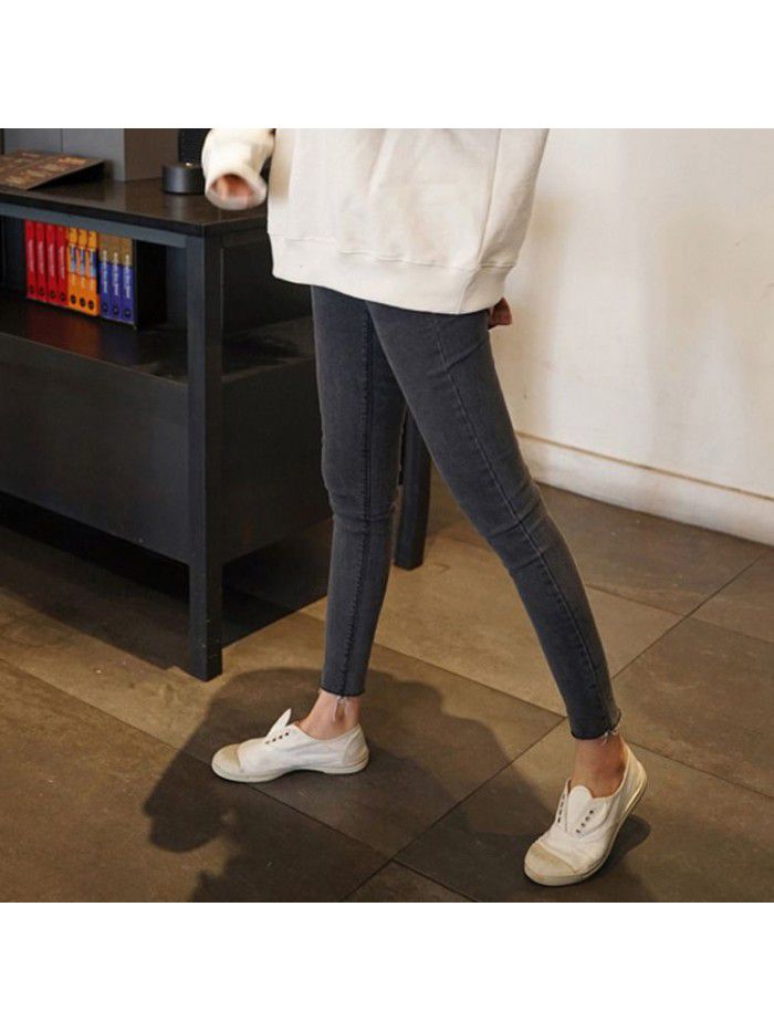 Smoke grey jeans women's nine point small feet spring and summer  New High Waist Stretch slim versatile eight point pencil pants 