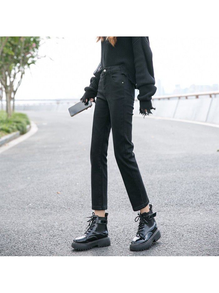 Smoke grey straight jeans women's quarter autumn dress  new high waist loose slim quarter pants 