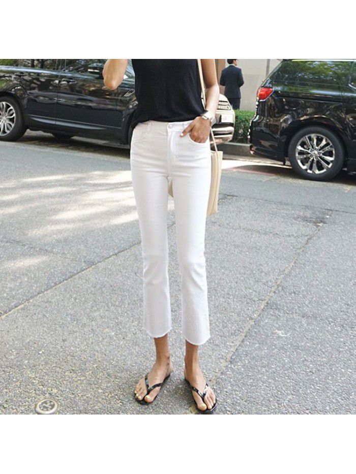 Straight jeans women's Black High Waist Stretch  summer new slim slim quarter slim pipe pants 