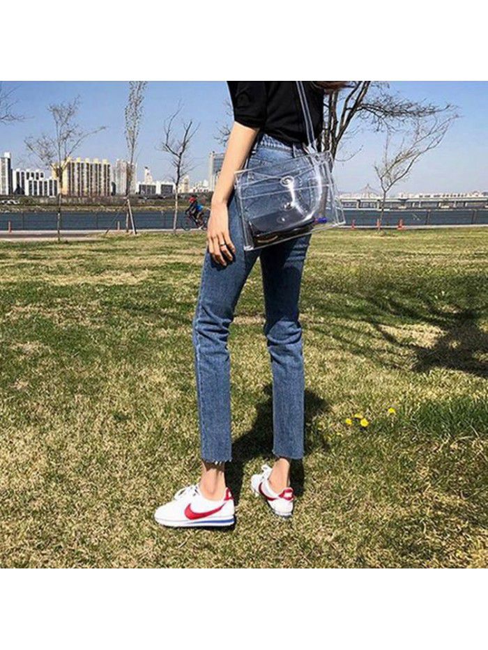 Straight jeans women's high waisted slim stretch nine point loose versatile eight point Korean retro light blue wide leg pants 