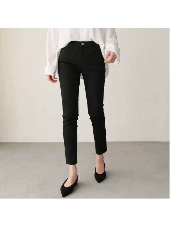 Black jeans women's straight tube  spring High Waist Stretch slim quarter loose versatile lace quarter pants 