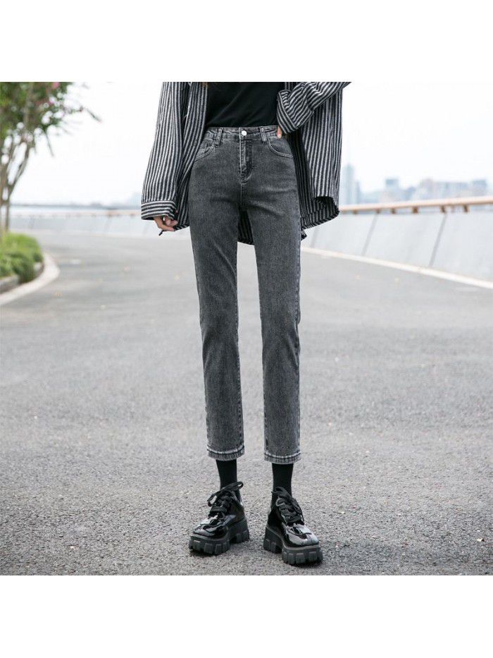 Smoke grey straight jeans women's quarter autumn dress  new high waist loose slim quarter pants 