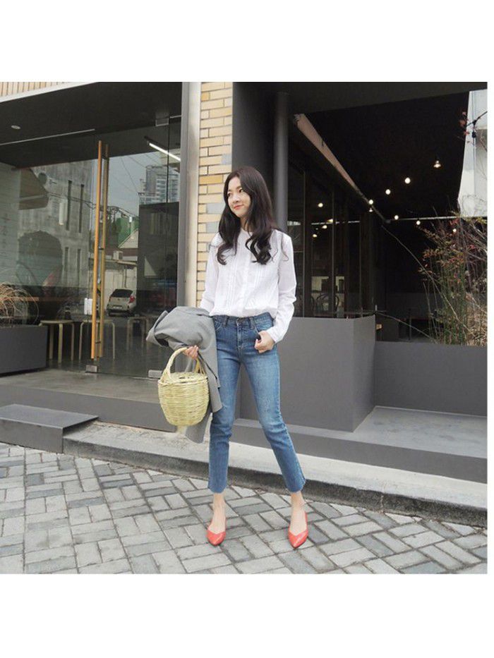 Wide leg jeans women's hole nine point high waist new light blue stretch small straight pants in summer  