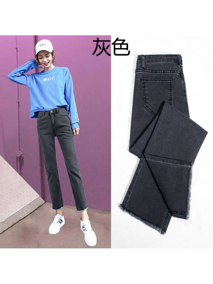 Straight jeans women's cropped black pants  spring new cropped high waist loose pants with wide legs 