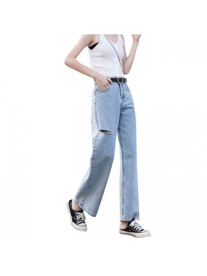 Straight jeans women's hole new high waisted sagging wide leg daddy pants in spring and summer  