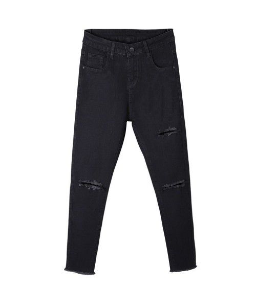 Pierced jeans women's black high waist nine p...