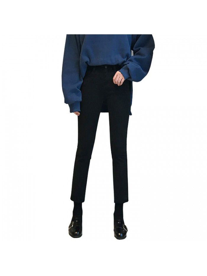 Black jeans women's straight tube  spring High Waist Stretch slim quarter loose versatile lace quarter pants 