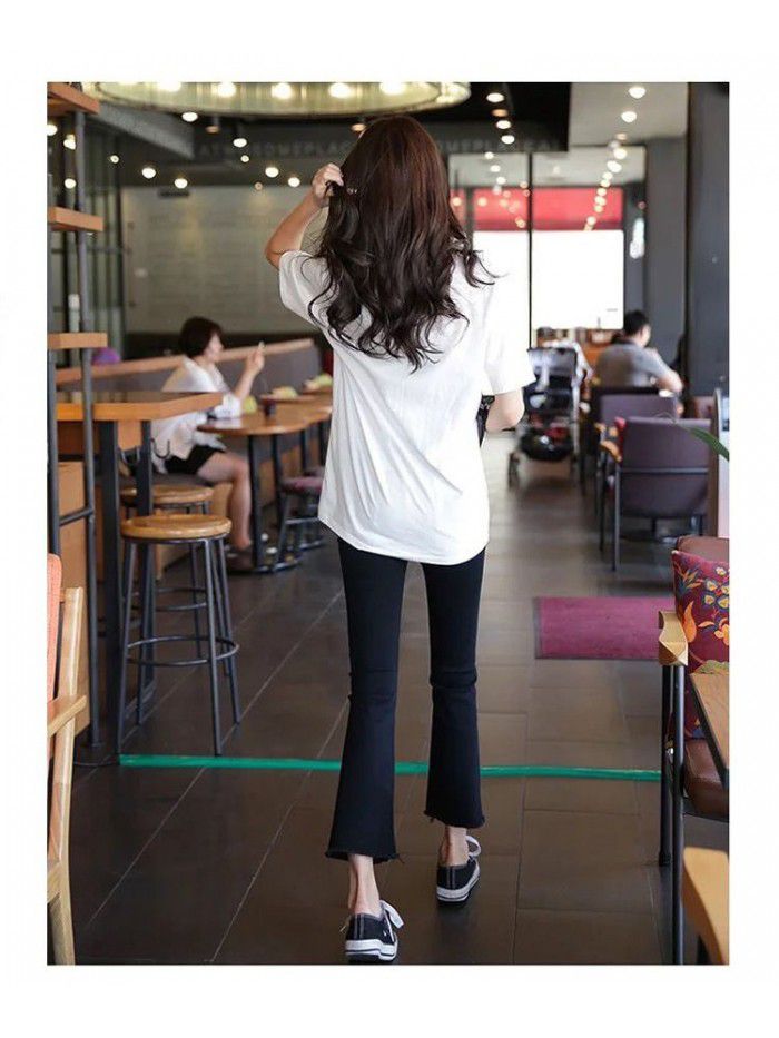 Black jeans women's Micro trumpet nine point spring new high waist thin wide leg pants blue eight point small trumpet pants 