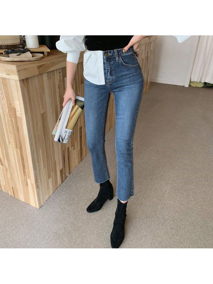 Straight jeans women's Black High Waist Stretch  summer new slim slim quarter slim pipe pants 