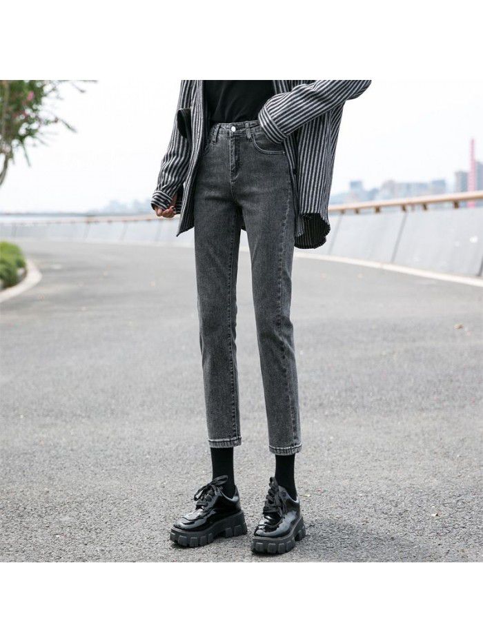 Smoke grey straight jeans women's quarter autumn dress  new high waist loose slim quarter pants 