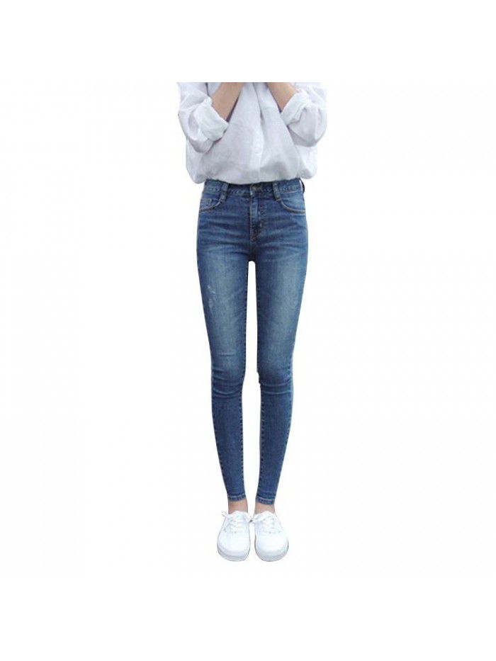 Spring  new high waist jeans women's slim versatile retro light blue Korean tight legged pants 