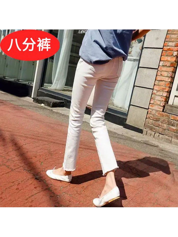 Straight jeans women's loose fit quarter short  summer slim High Waist Stretch light blue quarter pants 