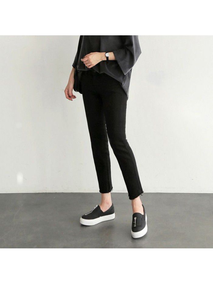 Straight jeans women's cropped black pants  spring new cropped high waist loose pants with wide legs 