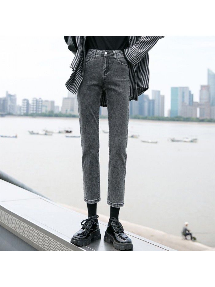 Smoke grey straight jeans women's quarter autumn dress  new high waist loose slim quarter pants 