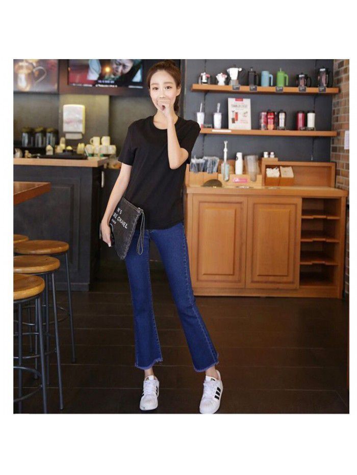 Black jeans women's Micro trumpet nine point spring new high waist thin wide leg pants blue eight point small trumpet pants 
