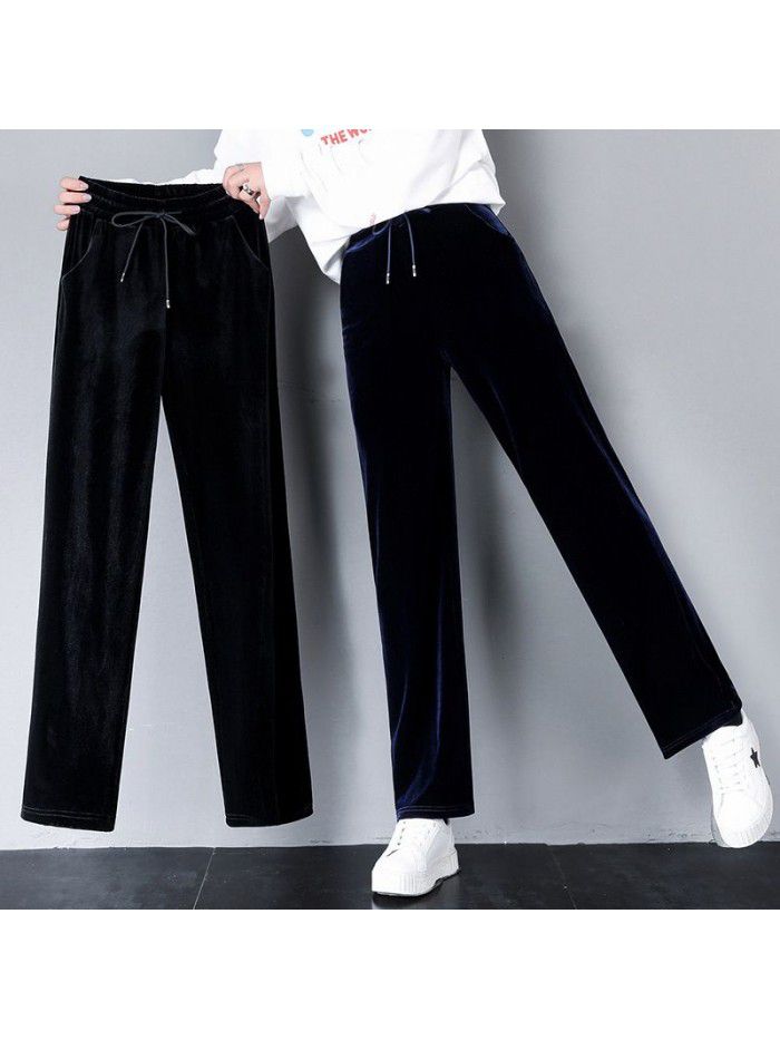 Wide leg pants women's autumn  Pants Large Size velvet straight wide leg pants women's fat mm casual pants floor dragging pants 