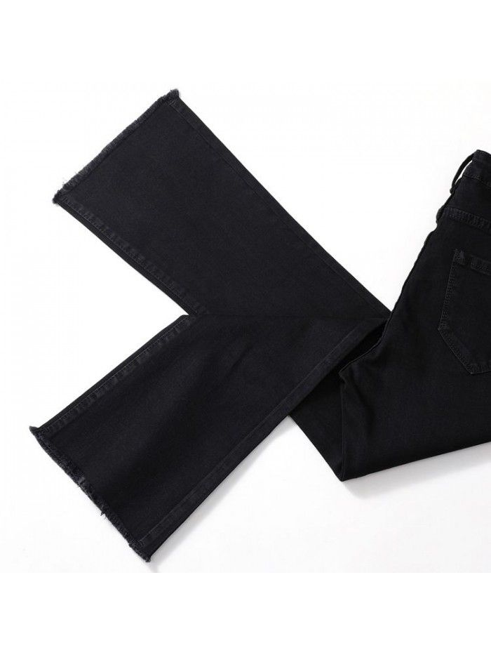 Black jeans women's Micro trumpet nine point spring new high waist thin wide leg pants blue eight point small trumpet pants 