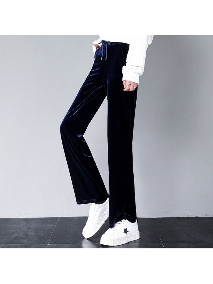 Wide leg pants women's autumn  Pants Large Size velvet straight wide leg pants women's fat mm casual pants floor dragging pants 