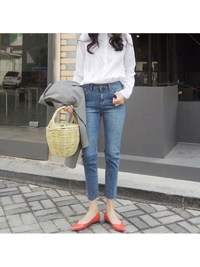 Wide leg jeans women's hole nine point high waist new light blue stretch small straight pants in summer  