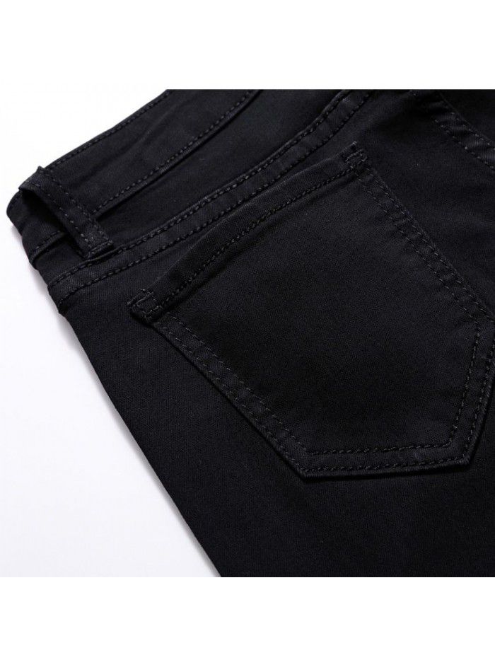 Pierced jeans women's black high waist nine point small foot pencil tight spring and summer  new eight point show thin elasticity 