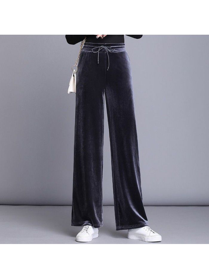 Wide leg pants women's autumn  Pants Large Size velvet straight wide leg pants women's fat mm casual pants floor dragging pants 