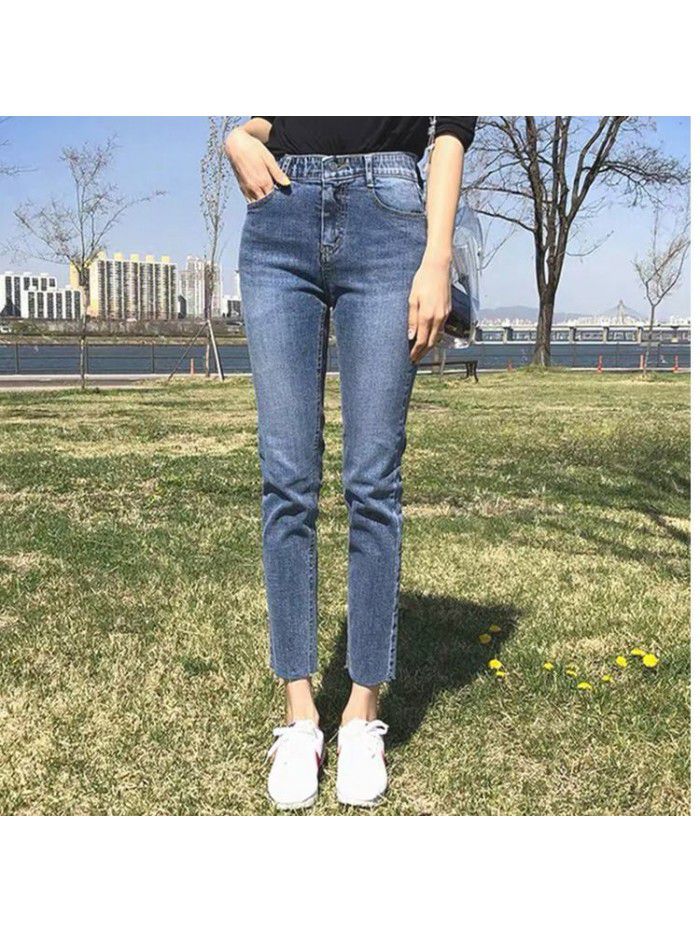 Straight jeans women's high waisted slim stretch nine point loose versatile eight point Korean retro light blue wide leg pants 